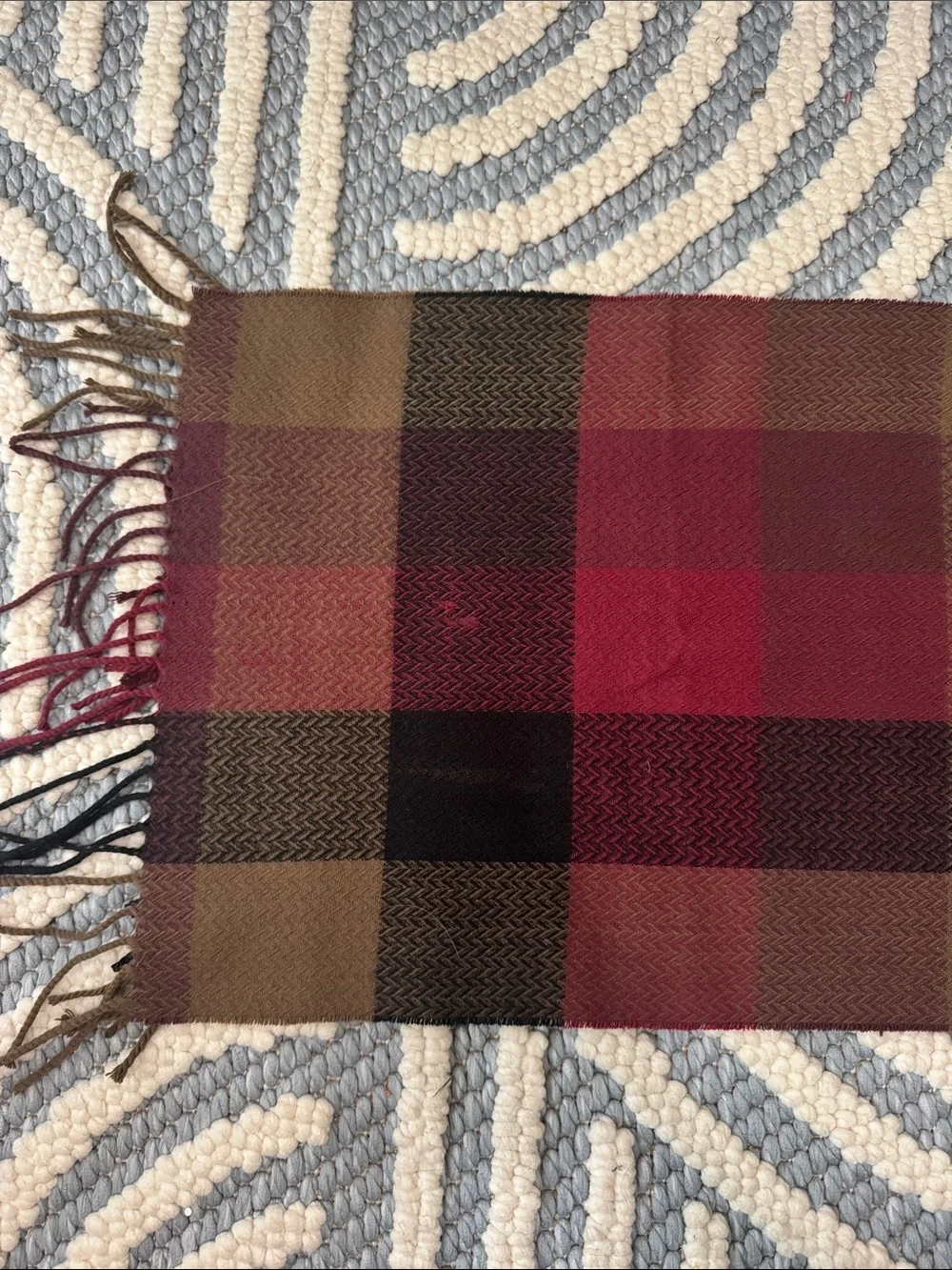 Vintage 100% Cashmere Scarf Made in Scotland Plaid Burgundy Brown Fringe Unisex